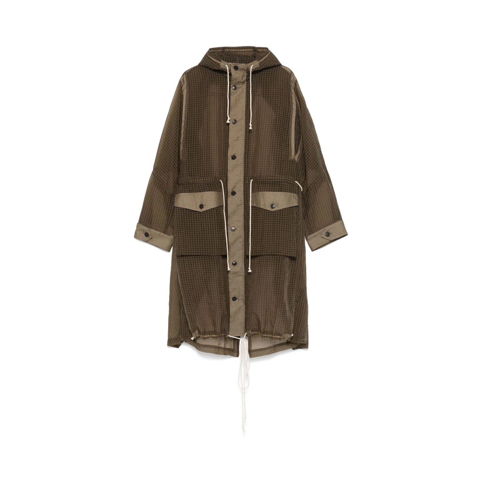 Henrik Vibskov's Uncut Parka in brown checkered design showcases a hood, front buttons, drawstrings, large front pockets, and adjustable cuffs on a white background.