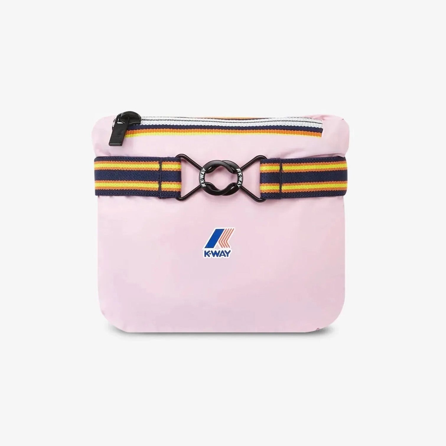 The K-Way K Le Vrai 3.0 Claude in light pink is a small pouch with a front zipper, navy-yellow striped belt, and black round buckle—ideal for stylishly storing your packable jacket or unisex kids jacket.