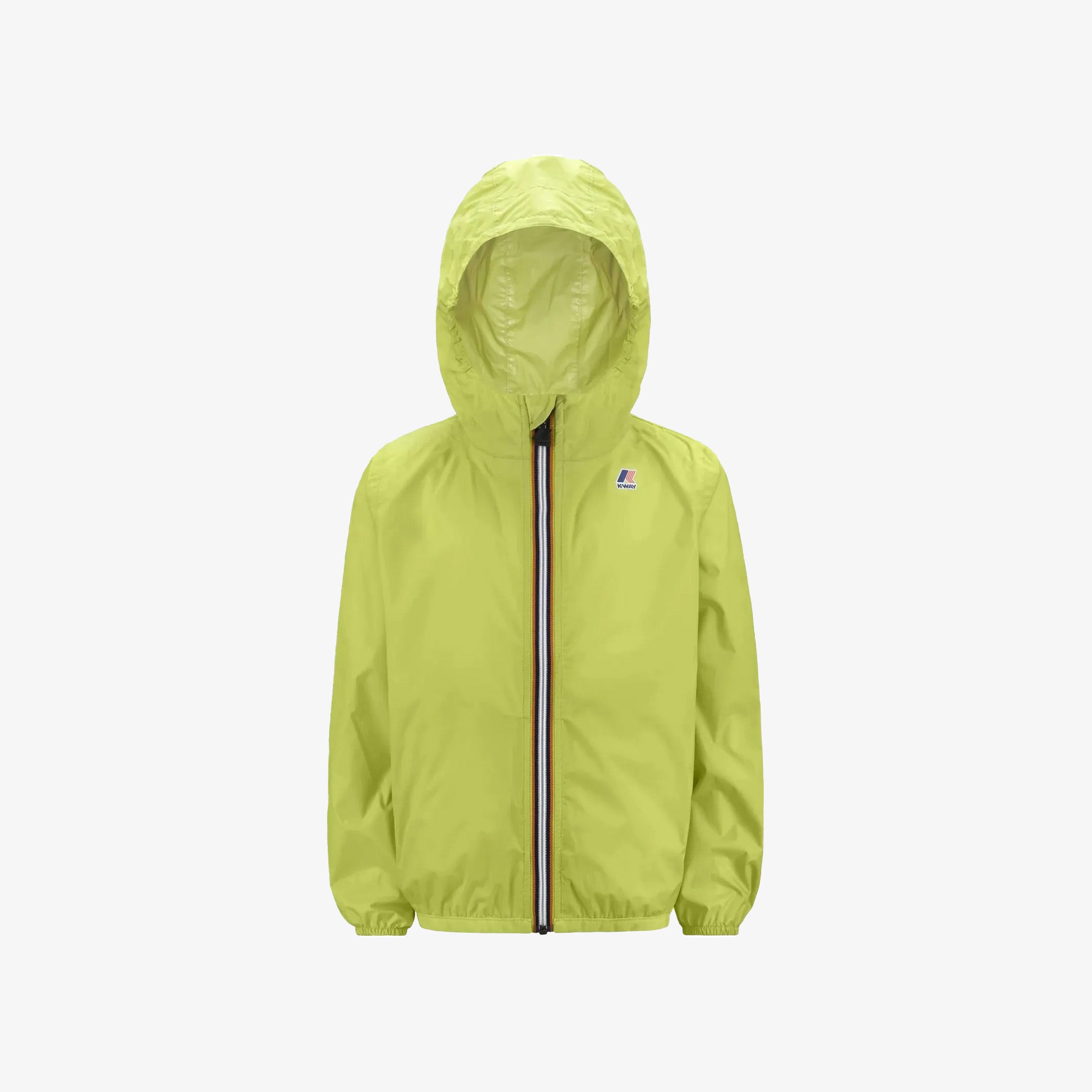 The K-Way K Le Vrai 3.0 Claudine in Green Celery is a lime green, packable hooded jacket with a front zipper, elastic cuffs, and a small left chest logo. Its windproof design is shown on a plain white background.