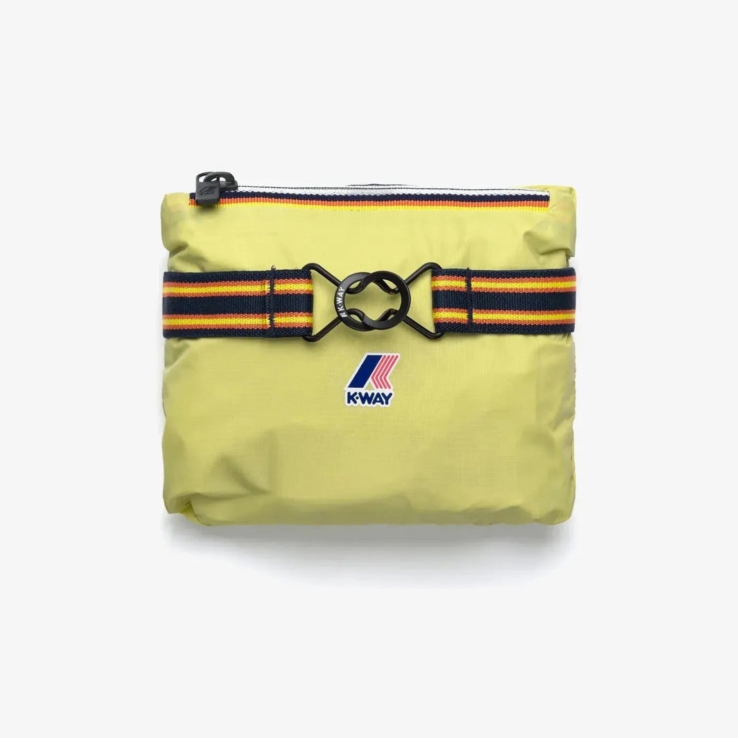 The K-Way K Le Vrai 3.0 Claudine in Green Celery features a top zipper, striped belt with a circular clasp, and front logo. It’s packable and water-repellent for convenience and protection.