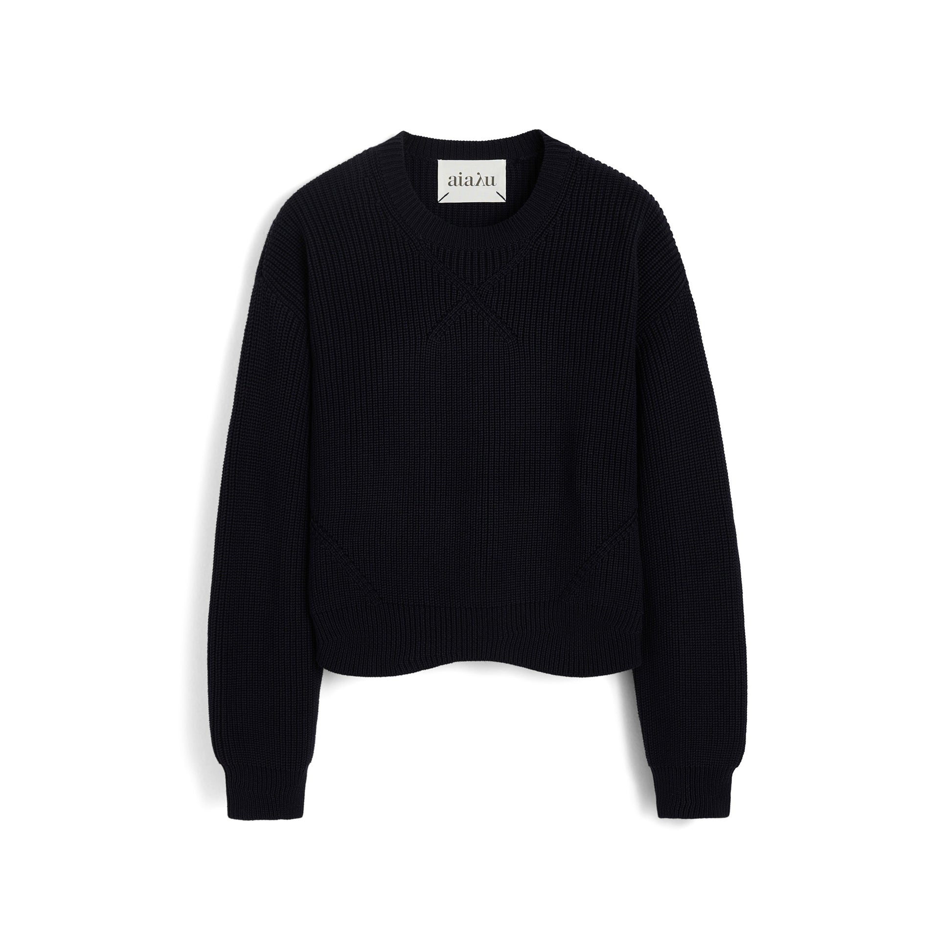The Kindra Sweater by Aiayu is a black, long-sleeve knit made from organic cotton with a crew neckline, shown on a white background.