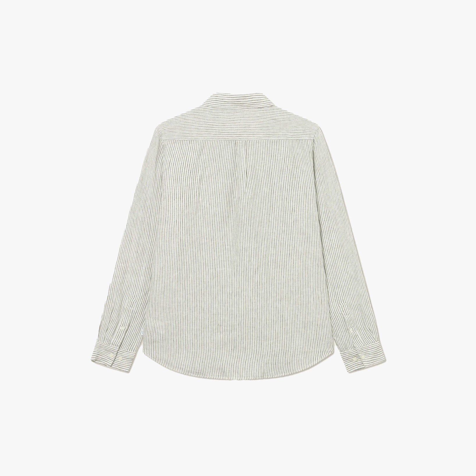 The Kristian Linen B.D. Shirt by Les Deux in Light Ivory/Lichen Green features thin vertical stripes and a button-down collar, shown from the back against a plain white background.