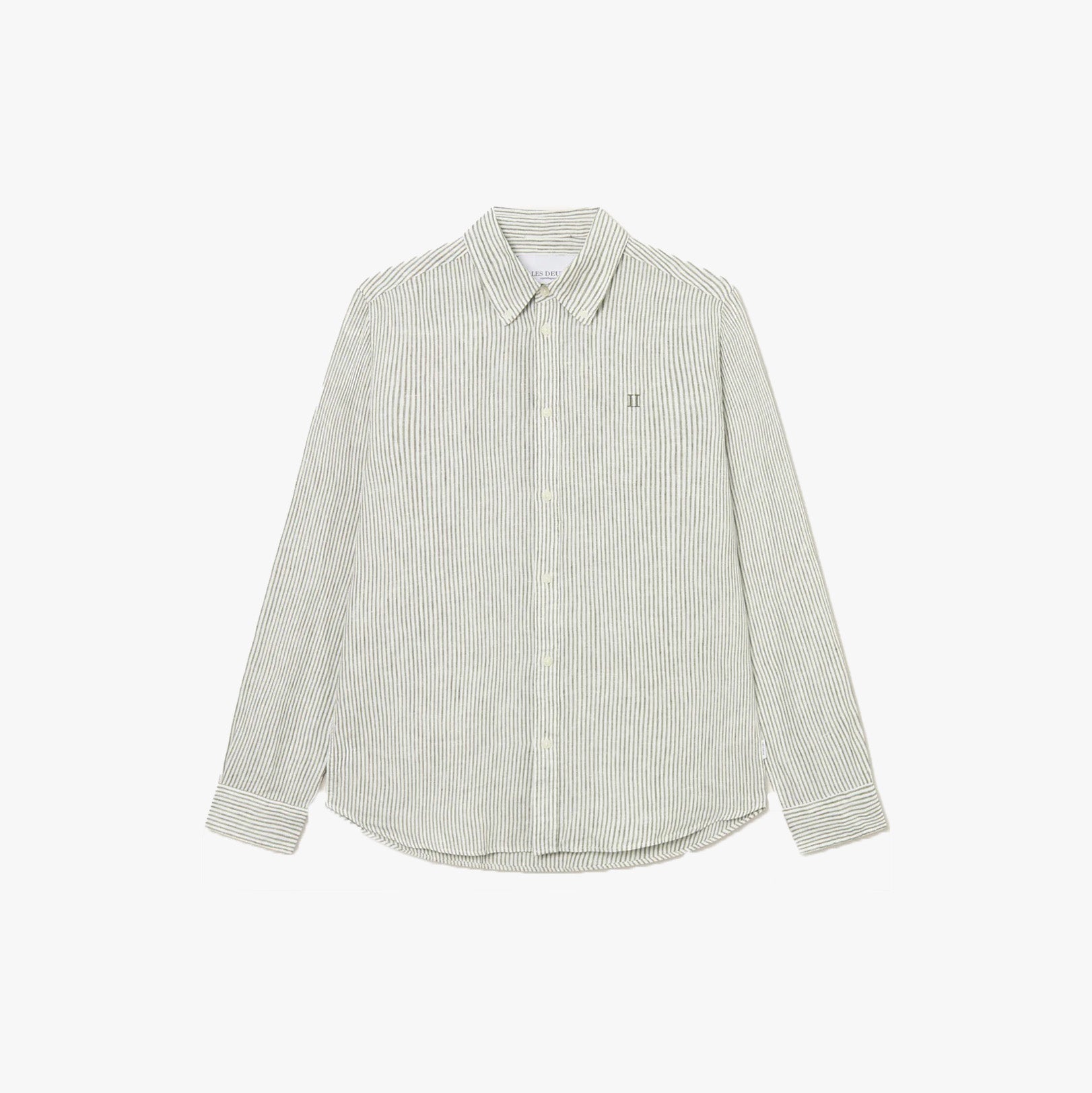 The Les Deux Kristian Linen B.D. Shirt in Light Ivory/Lichen Green features long sleeves, a button-down collar, and thin vertical stripes, shown against a plain white background.