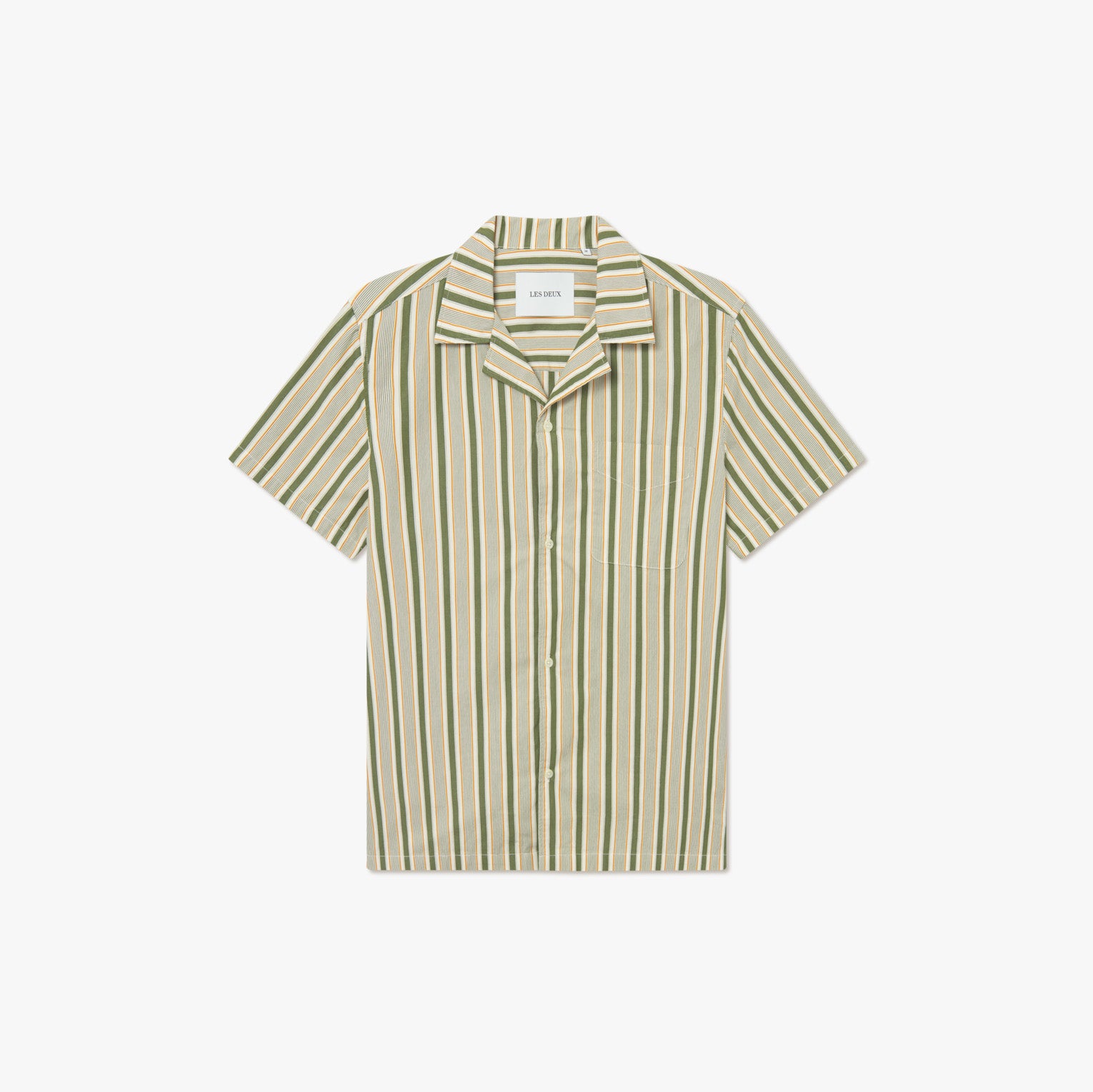 The Les Deux Klark Stripe Poplin SS Shirt is a short-sleeved, button-up made from lightweight poplin, featuring green, beige, and white vertical stripes with a relaxed camp collar, shown on a plain white background.