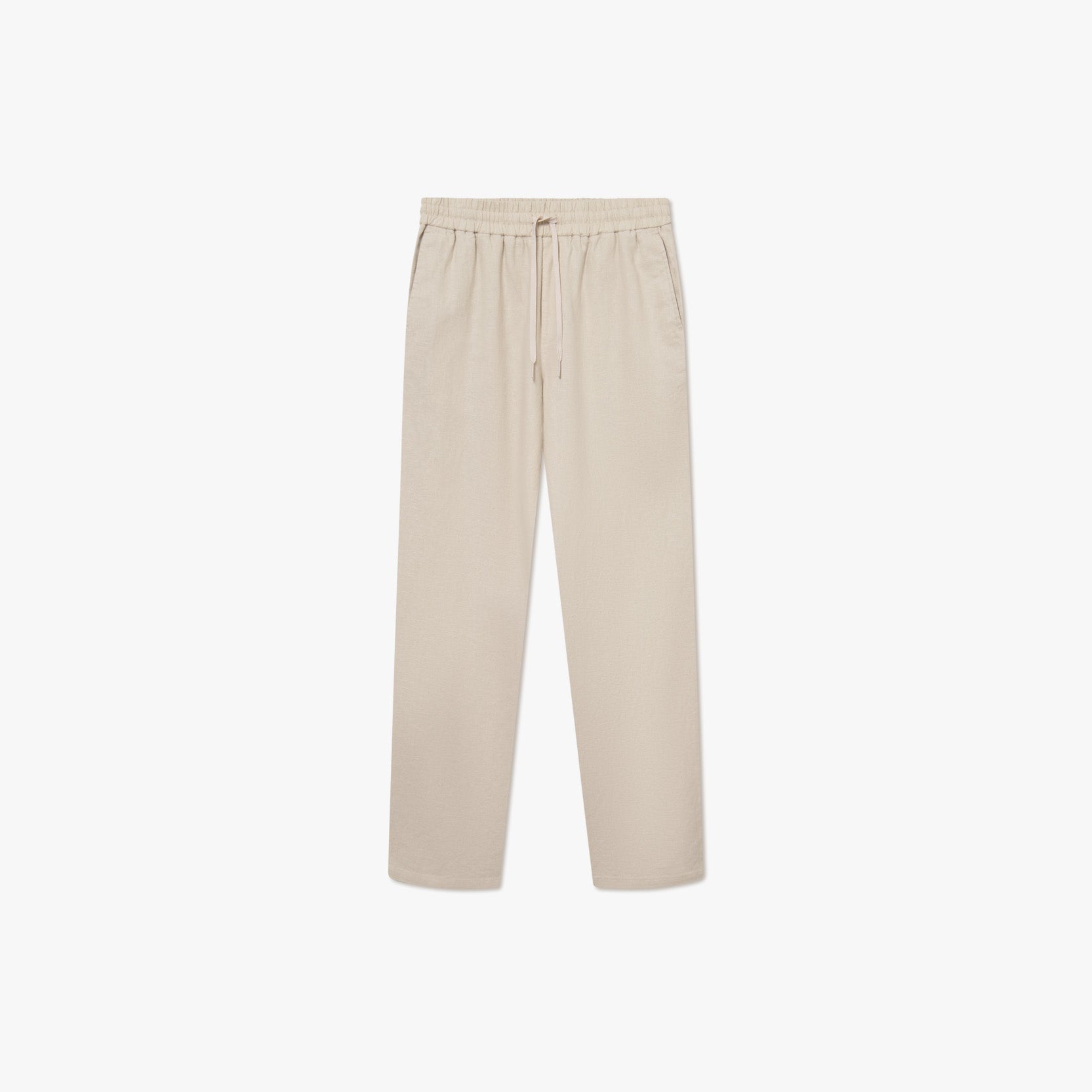 The Les Deux Patrick Linen Pants in beige feature a straight-leg cut, breathable linen fabric, and a stretchy waistband with drawstring, shown against a plain white background.