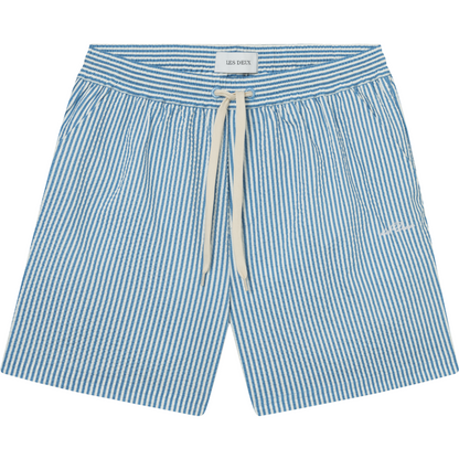 Stan Stripe Seersucker swim shorts by Les Deux with a drawstring waistband and a small logo on the left leg.