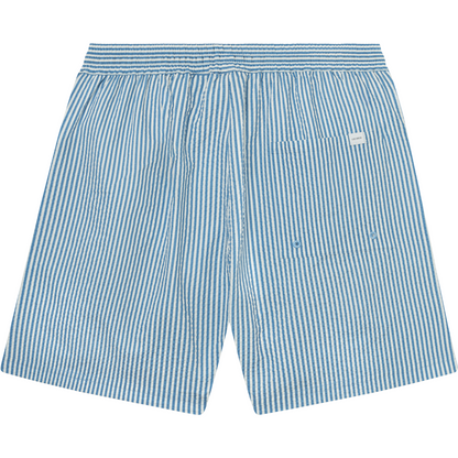 Stan Stripe Seersucker Swim Shorts, Washed Denim Blue/Light Ivory by Les Deux, displayed flat on a white background.