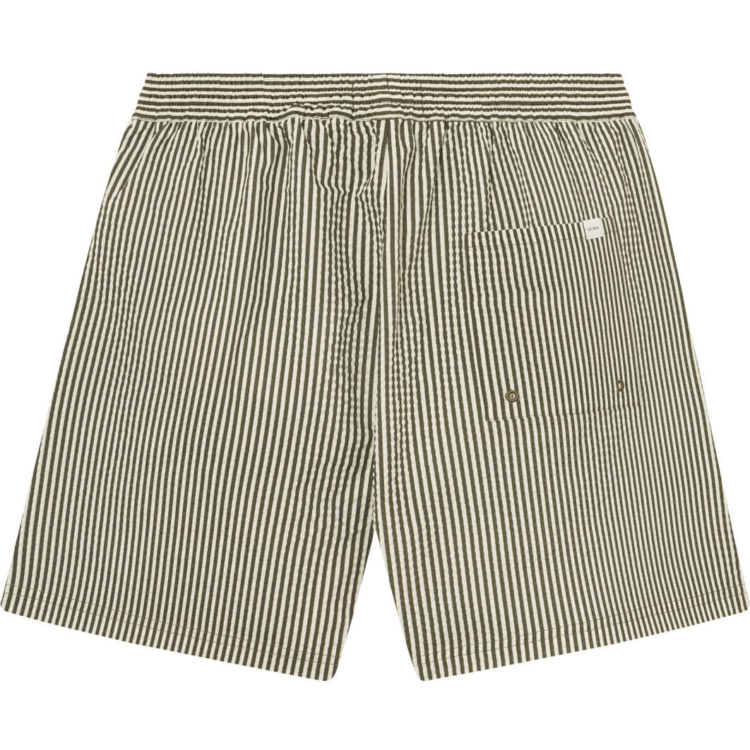 Stan Stripe Seersucker swim shorts from Les Deux with a drawstring waist and buttoned back pockets on a white background.