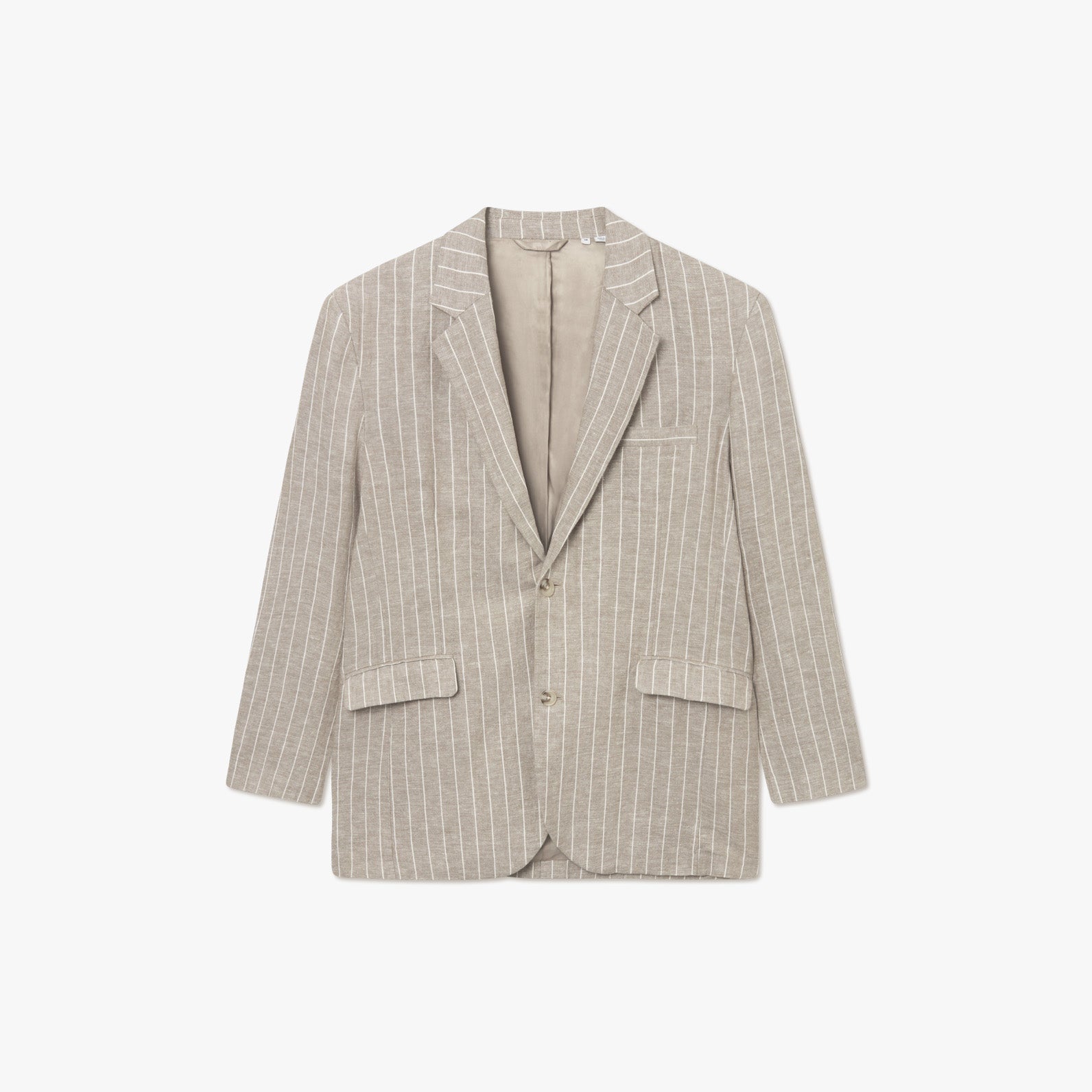 The Les Deux James Linen Blazer is a beige pinstripe, loose-fit jacket with a notched lapel, chest pocket, two front flap pockets, and single-button closure—perfect for warm weather—shown against a white background.