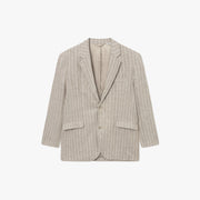The Les Deux James Linen Blazer is a beige pinstripe, loose-fit jacket with a notched lapel, chest pocket, two front flap pockets, and single-button closure—perfect for warm weather—shown against a white background.