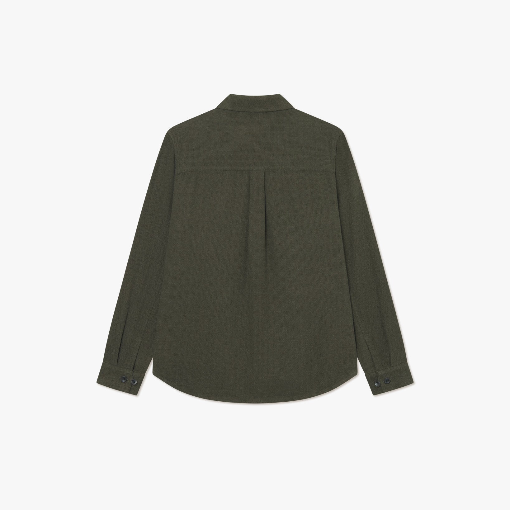 Back view of Les Deux's Hamilton Overshirt: a long-sleeve, dark green button-up made from a breathable linen blend, featuring a straight yoke and center pleat.