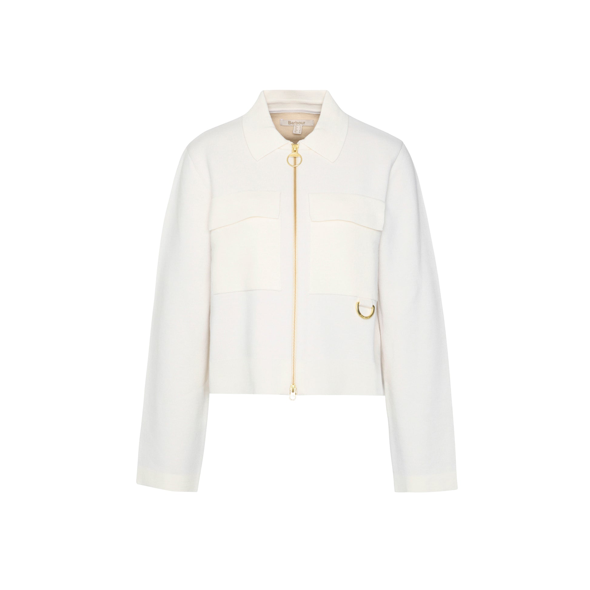 The Barbour Alma Knitted Zip Through Cardigan features a white long-sleeve design with collar, front zip, two chest patch pockets, and gold hardware, crafted from a soft cotton-wool blend and shown on a plain white background.