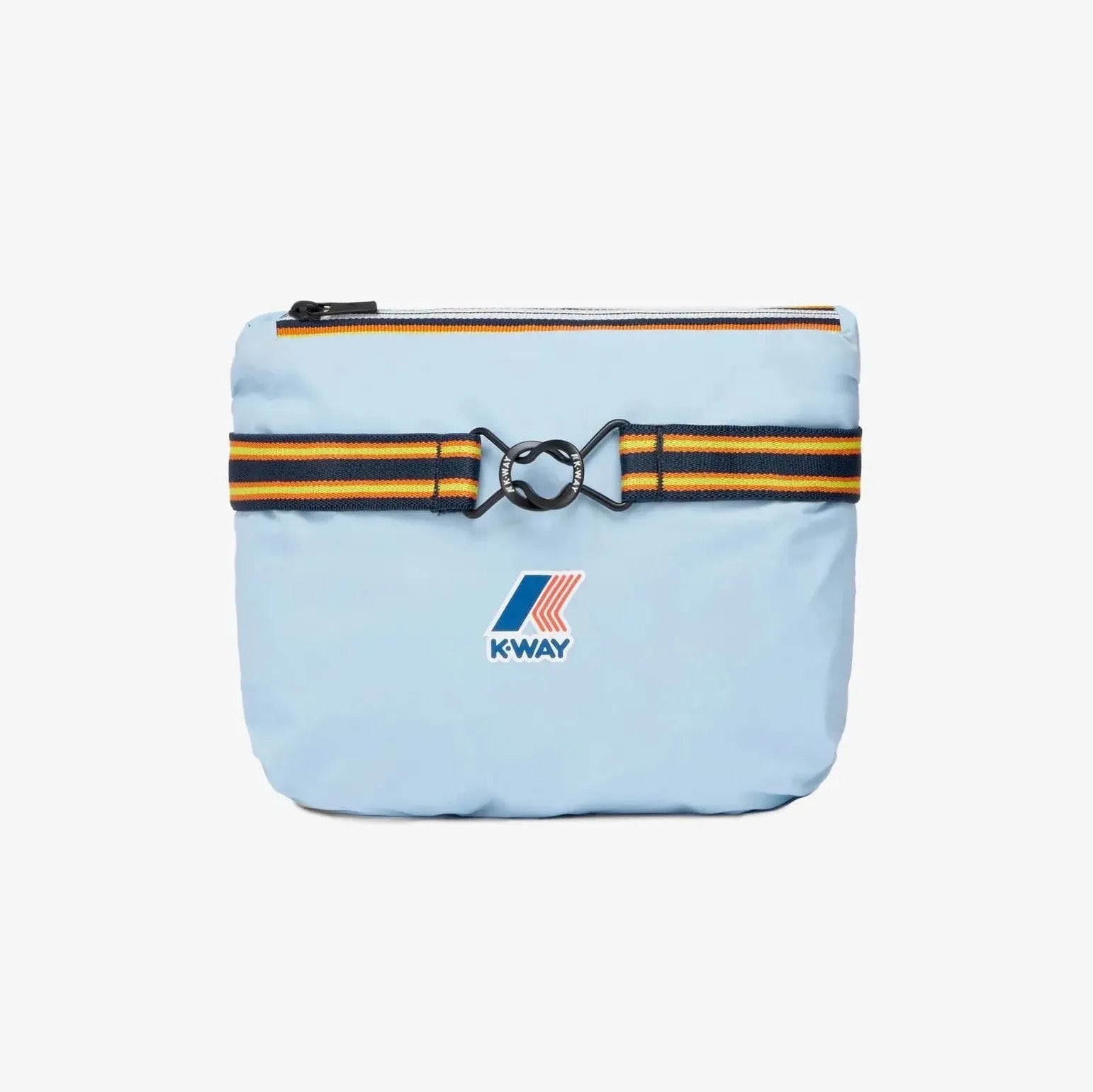 The K-Way Le Vrai 3.0 Claude in Azure LT Marine is a light blue pouch with a zippered top, black and yellow striped strap, and front logo—ideal for carrying your packable waterproof jacket or daily essentials on the go.