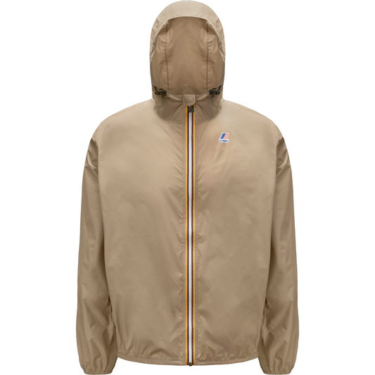 Le Vrai 3.0 Claude, Beige Taupe packable hooded jacket with a front zipper and a small logo on the upper left side, displayed on a plain background by K-Way.