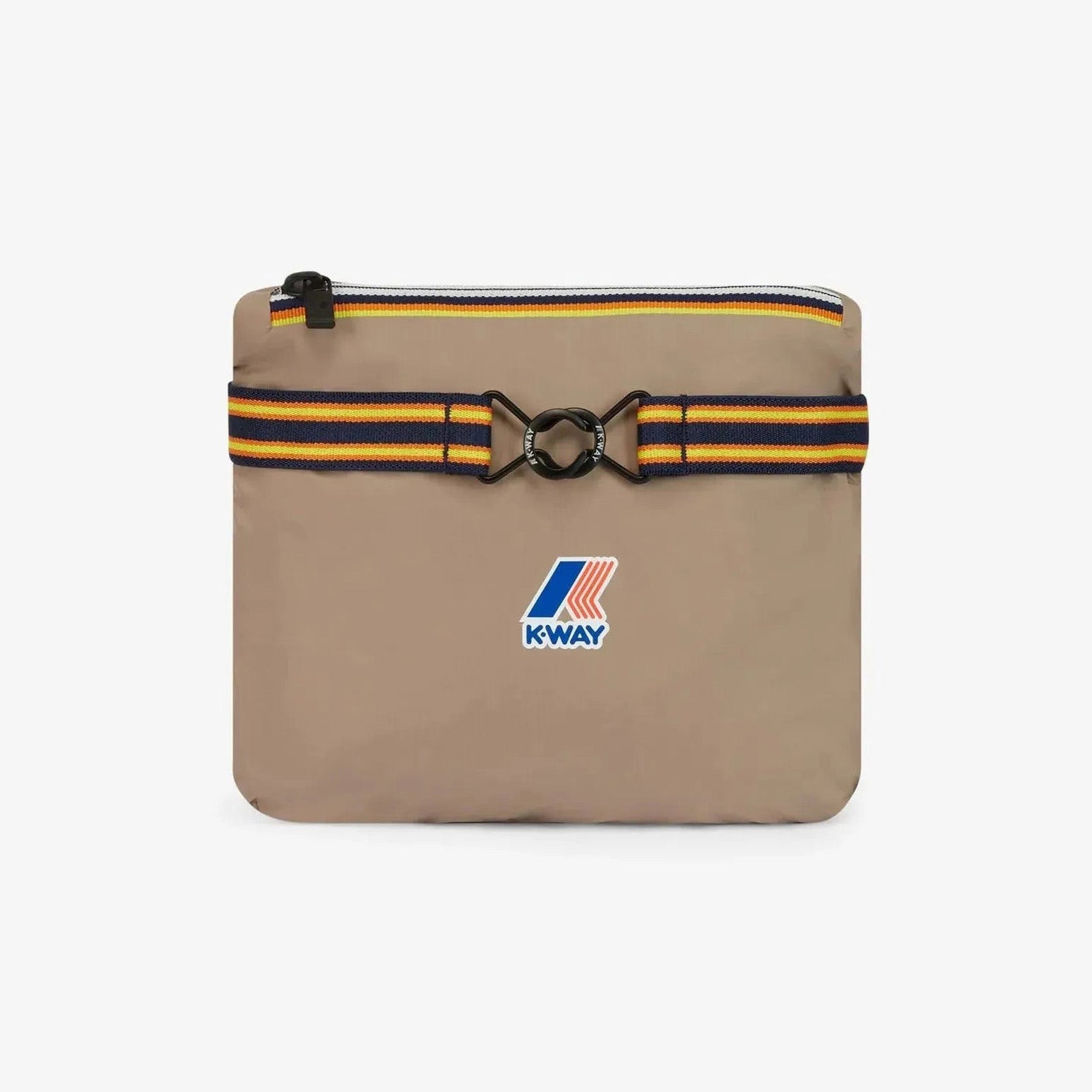 The K-Way Le Vrai 3.0 Claude pouch in Beige Taupe features a zip closure, front logo, and navy, yellow, and orange striped strap—ideal for carrying your essentials or storing your waterproof jacket.