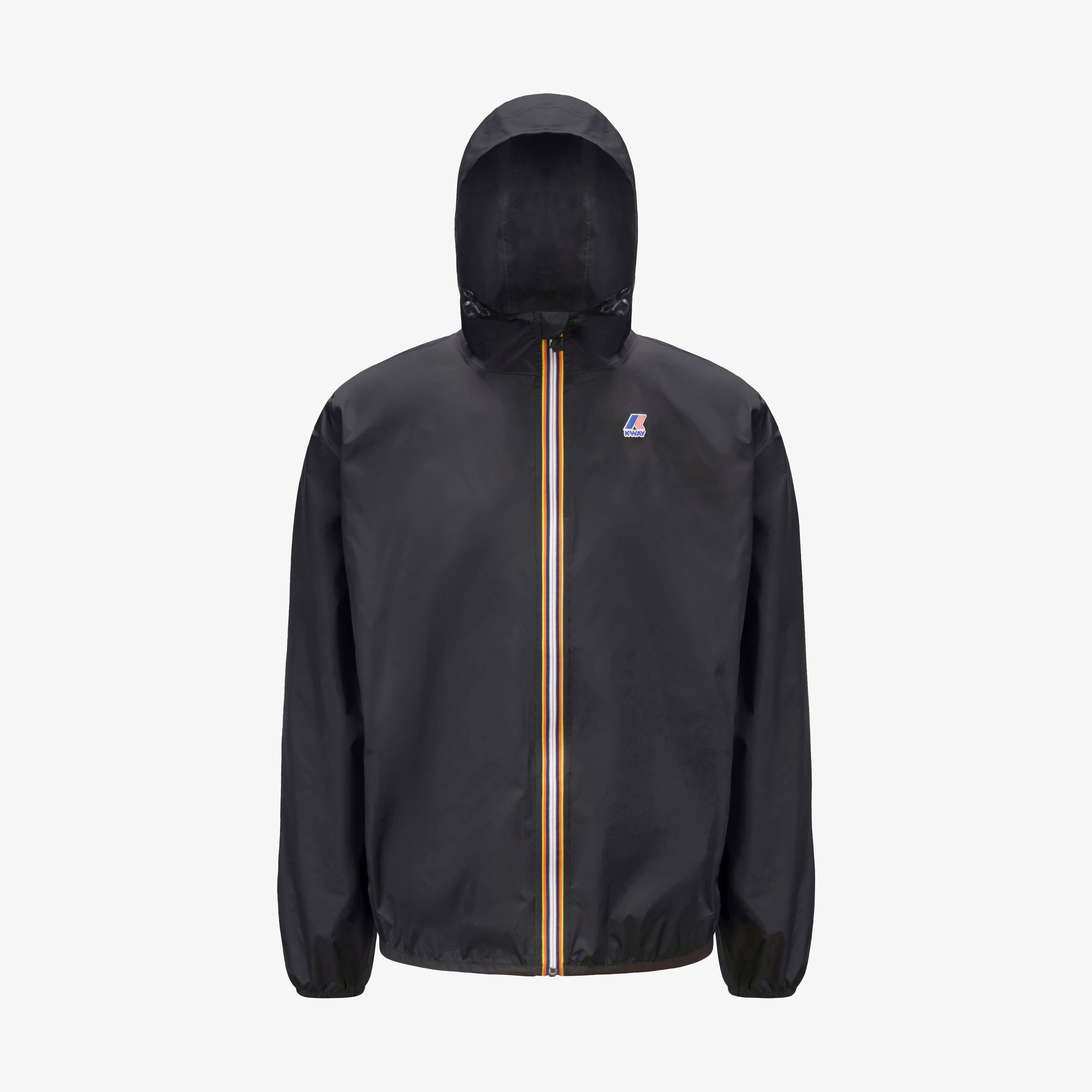 The K-Way Le Vrai 3.0 Claude Black Pure is a unisex, water-repellent hooded jacket with a front zipper featuring yellow, orange, and white stripes and a small logo on the left chest.