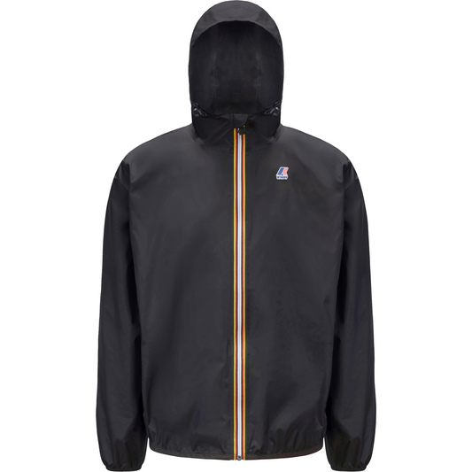 Le Vrai 3.0 Claude, Black Pure windbreaker jacket with a hood, featuring a colorful vertical stripe on the zipper and a logo on the chest, crafted from breathable ripstop material by K-Way.