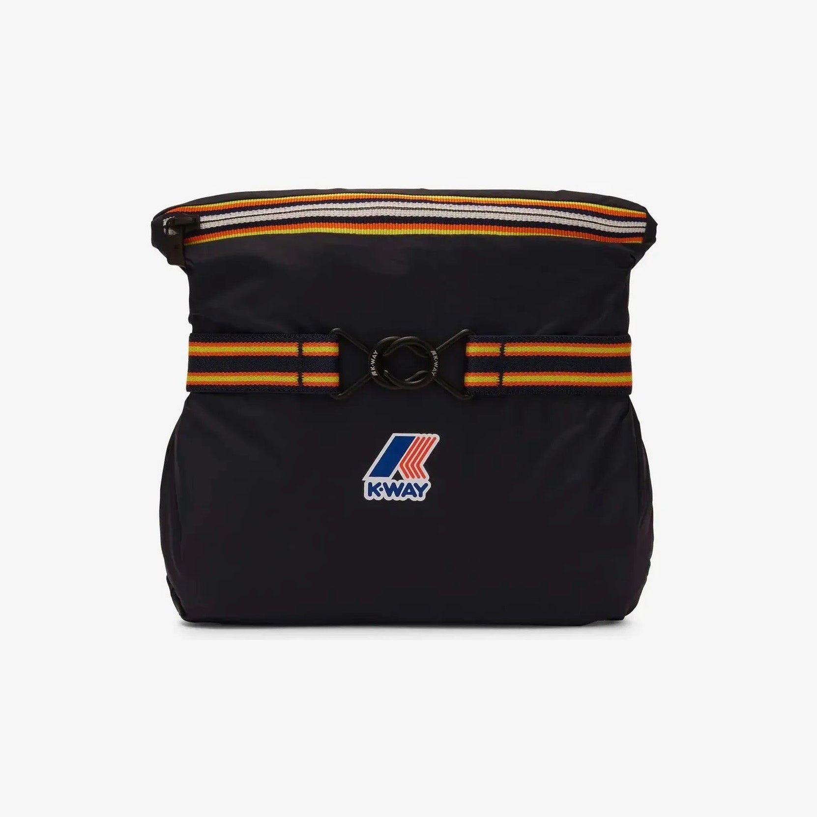 The K-Way Le Vrai 3.0 Claude in Black Pure features a striped yellow, orange, and red belt and zipper, the K-Way logo on the front, and water-repellent material to perfectly complement your favorite unisex jacket.