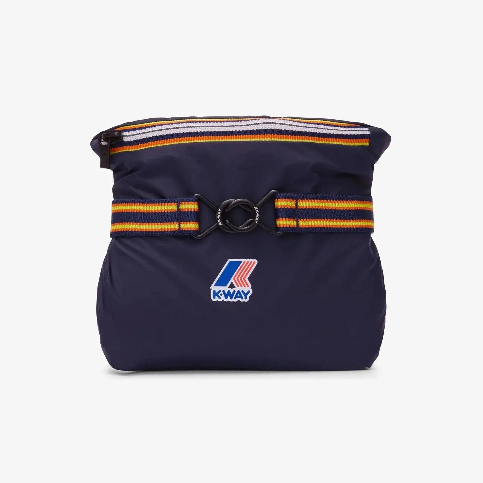 The K-Way Le Vrai 3.0 Claude in Blue Depth is a stylish bag with a striped belt, ring buckle, and brand logo on the front. Inspired by K-Way’s iconic unisex jacket, it’s photographed against a plain background.