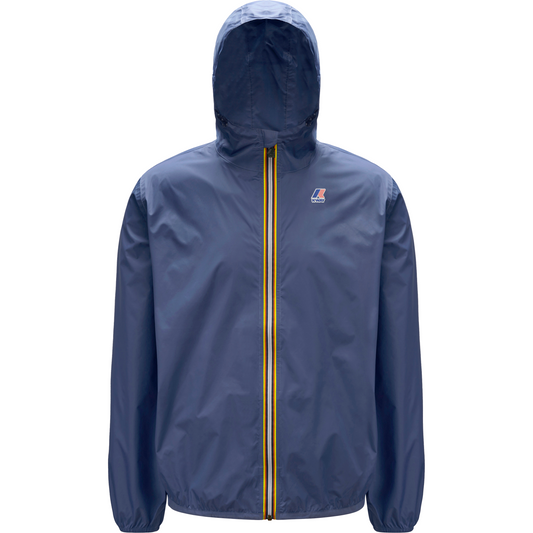 Le Vrai 3.0 Claude, Blue Indigo rain jacket with hood, featuring a central yellow zipper and a logo on the chest area. This packable design is ideal for easy storage.