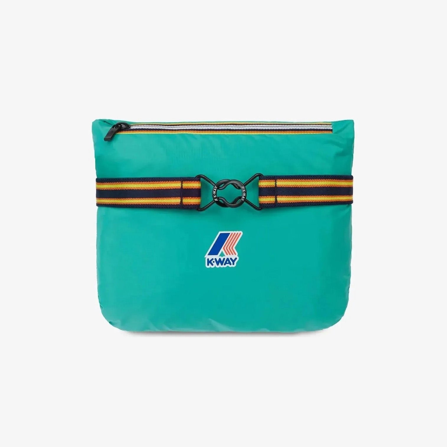 A turquoise K-Way pouch with a black and yellow striped strap, zipper closure, and logo on the front—ideal for storing your Le Vrai 3.0 Claude Green Marine jacket. Shown against a plain white background.
