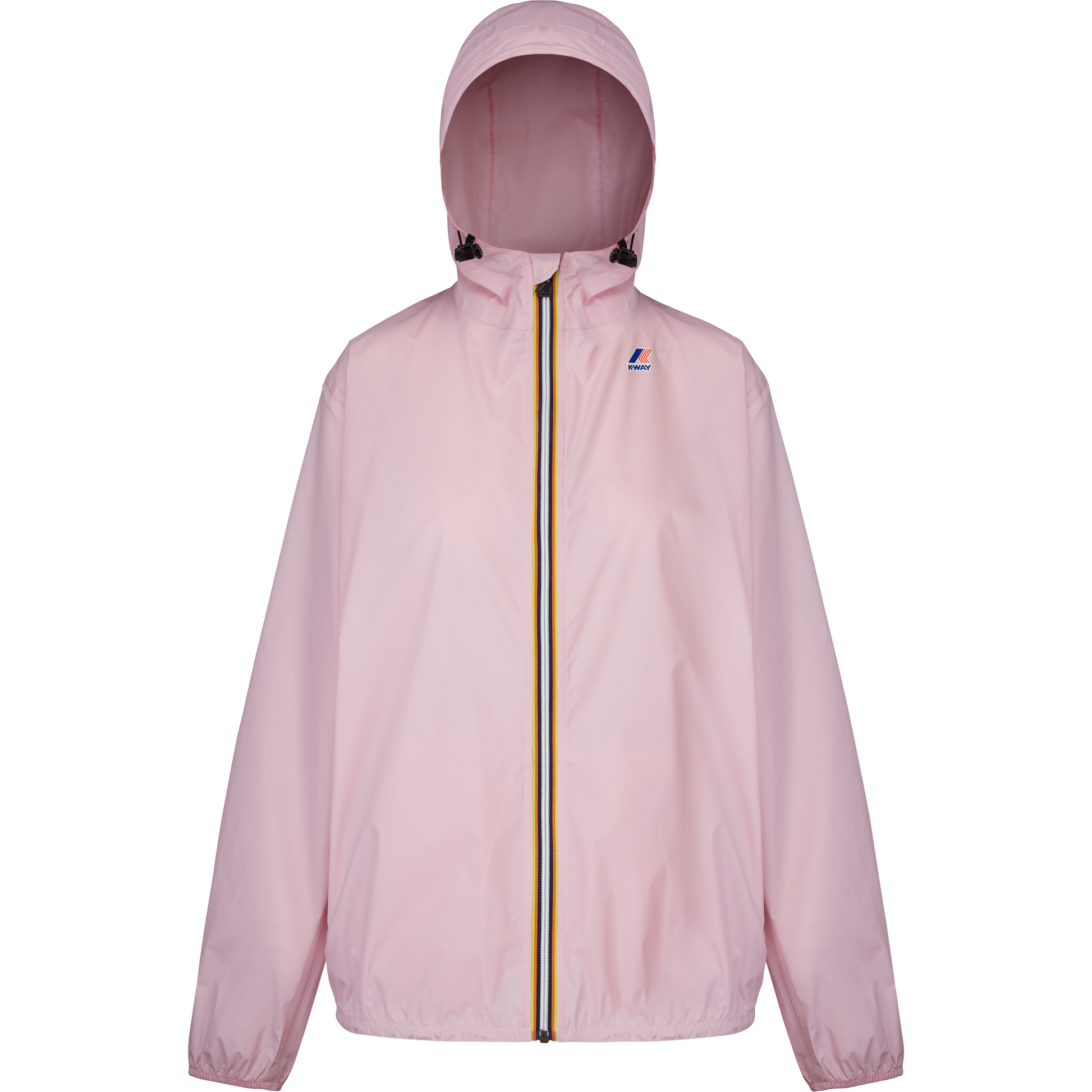 Light pink K-Way Le Vrai 3.0 Claude unisex jacket with a hood and a yellow zipper, displayed against a plain white background.