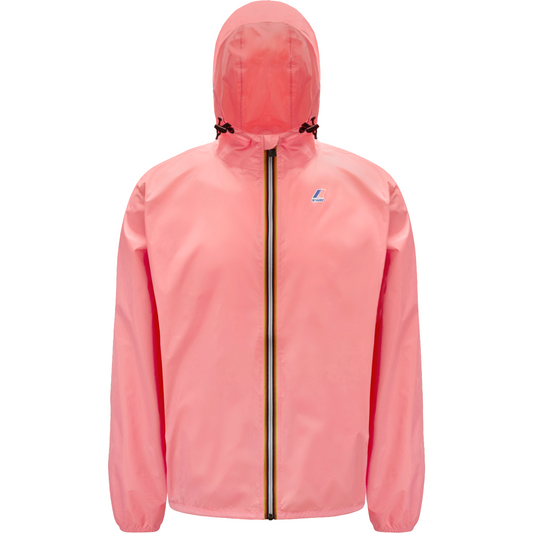 Bright pink water-repellent hooded jacket with a frontal reflective zip closure, featuring a small logo on the left chest. Le Vrai 3.0 Claude, Pink MD by K-Way.