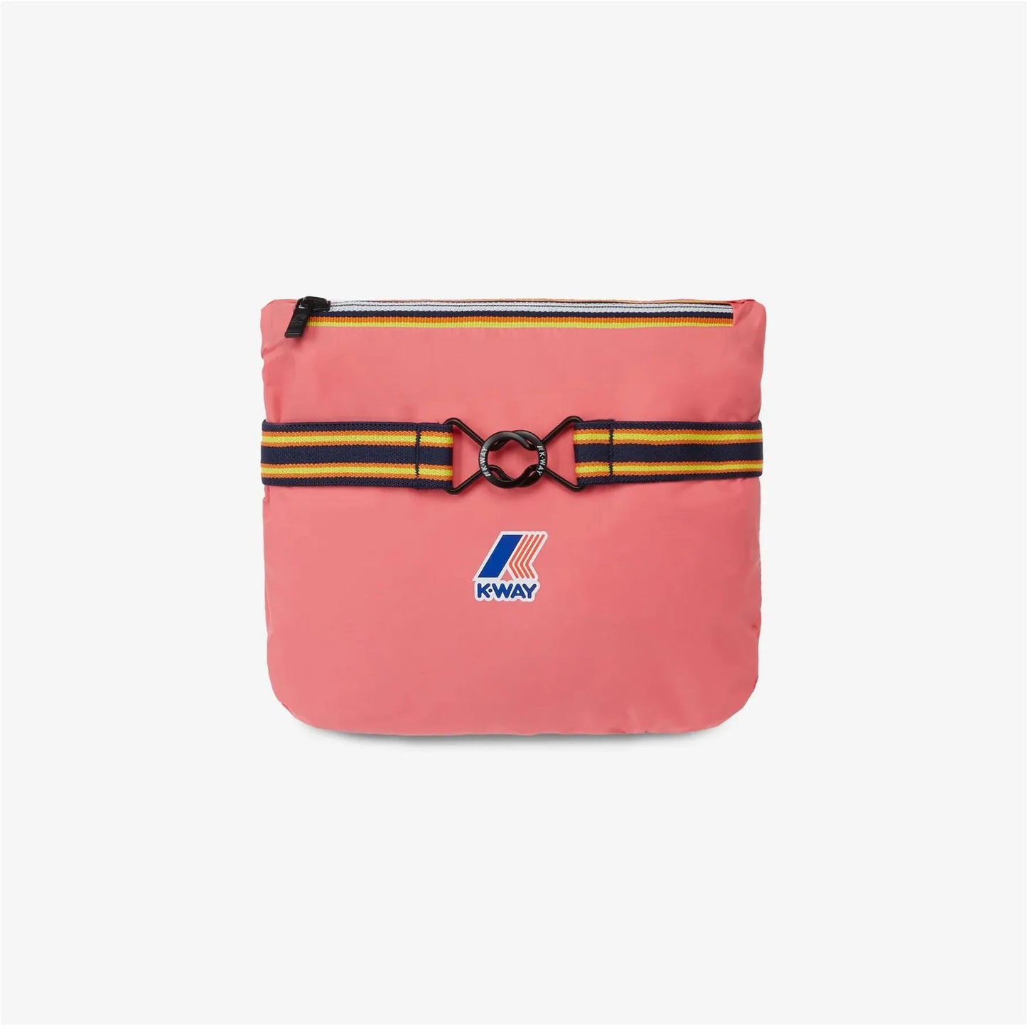 Le Vrai 3.0 Claude crossbody bag in Pink MD by K-Way, with a front logo, a yellow and blue stripe, and a metal clasp, crafted from breathable ripstop fabric, displayed on a plain white background.