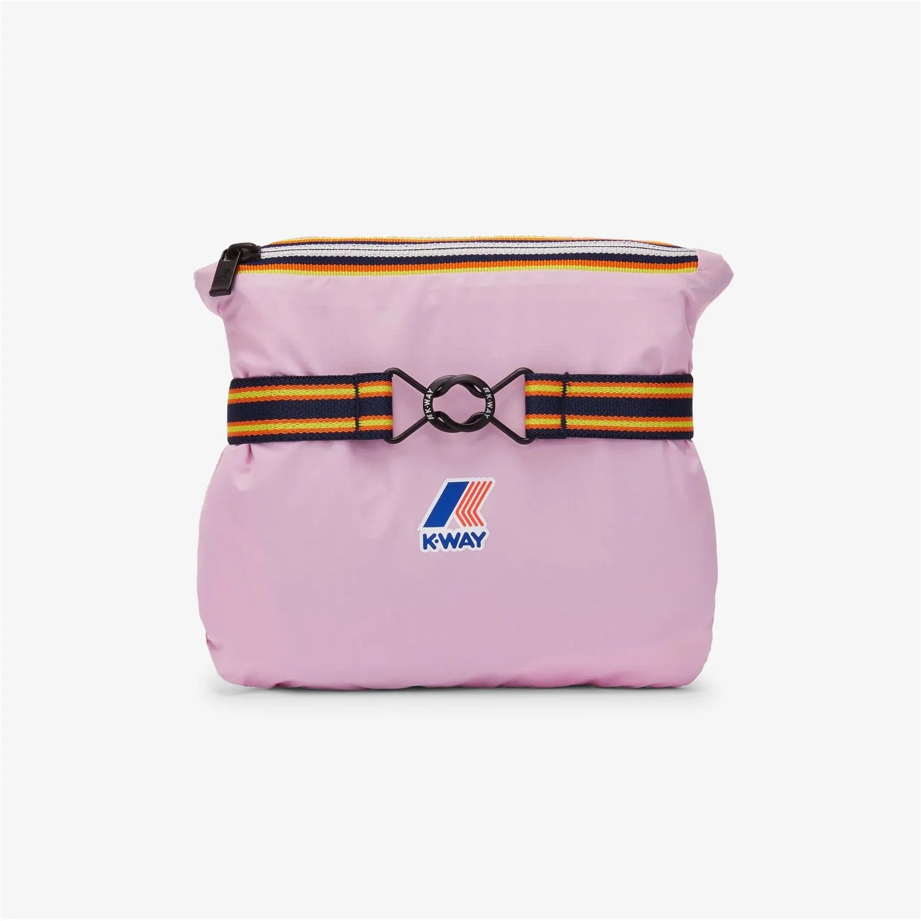 Pink K-Way Le Vrai 3.0 Claude waterproof crossbody pouch with a front strap featuring a metal clip and multicolor striped accents, set against a white background.