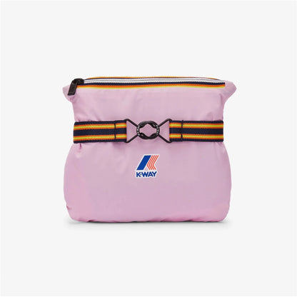 Pink K-Way Le Vrai 3.0 Claude waterproof crossbody pouch with a front strap featuring a metal clip and multicolor striped accents, set against a white background.