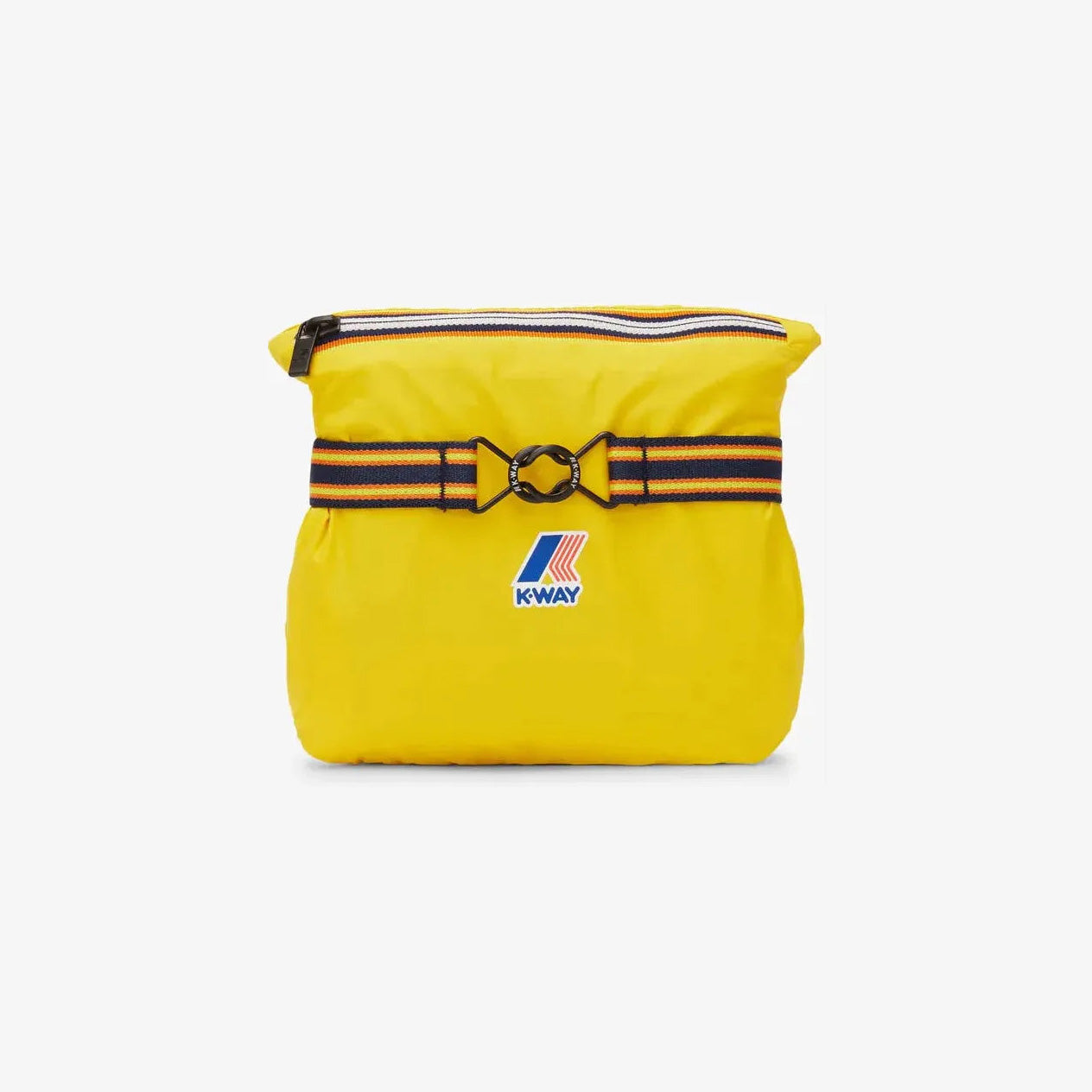 The K-Way Le Vrai 3.0 Claude in Yellow DK features a zip closure, blue and orange striped buckle strap, and front logo, displayed against a plain white background.