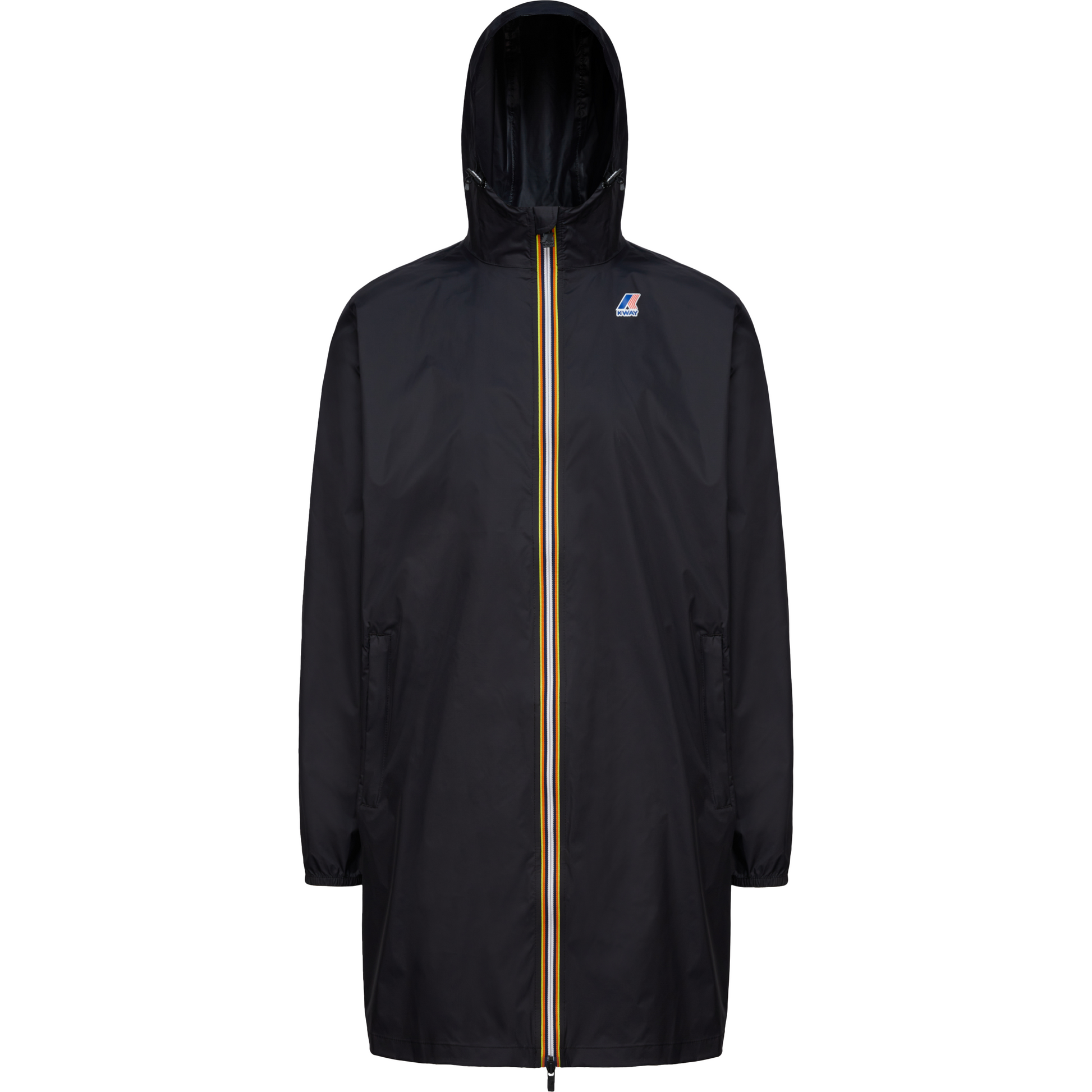Black Le Vrai 3.0 Eiffel raincoat with a hood, crafted from waterproof, breathable ripstop fabric, featuring a visible yellow zipper running vertically down the front, branded with a small logo on the chest by K-Way.