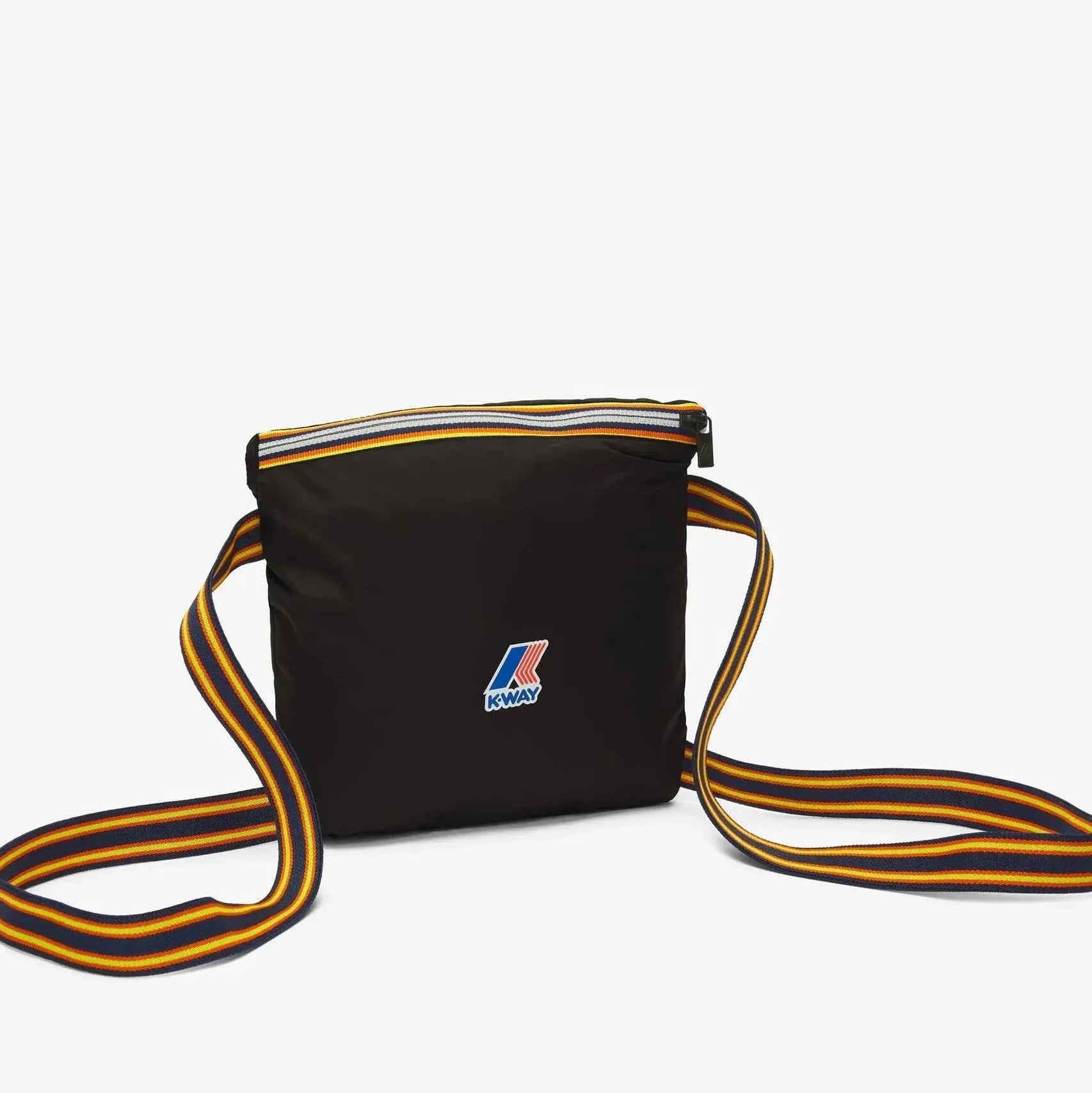 The K-Way Le Vrai 3.0 Eiffel in Black Pure features a striped yellow, blue, and white adjustable strap, packable construction, and visible front K-Way logo.