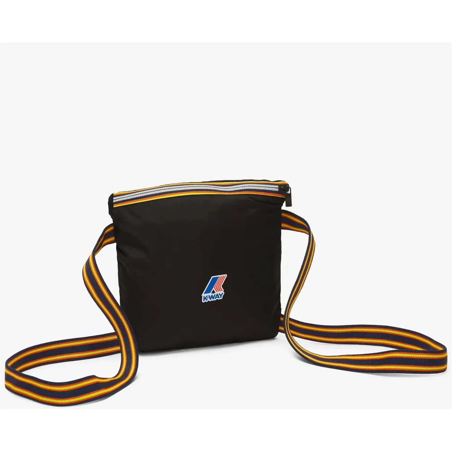 A black K-Way crossbody bag with yellow and orange striped straps, featuring the brand's logo on the front and made from ripstop fabric.