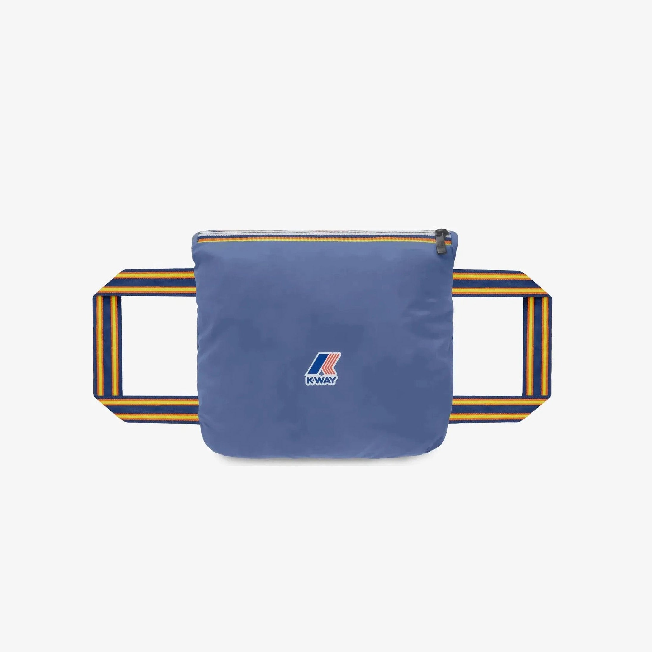 The K-Way Le Vrai 3.0 Eiffel in Blue Indigo is a zippered pouch featuring a front logo, wide striped yellow and navy blue side straps, and durable ripstop fabric for lasting use.