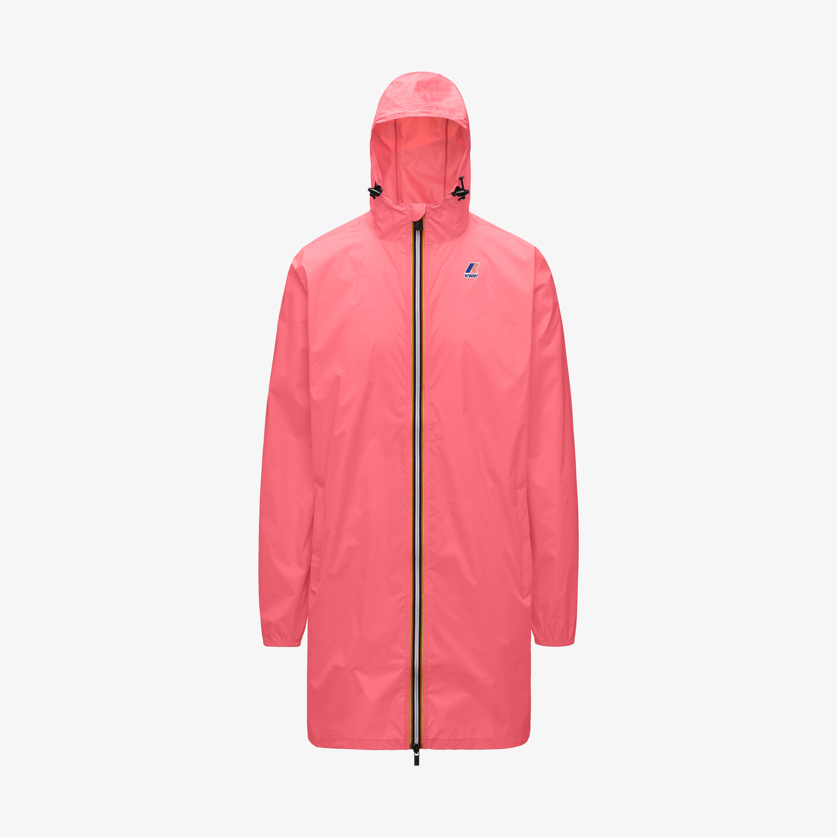 The K-Way Le Vrai 3.0 Eiffel Pink MD is a unisex hooded raincoat in waterproof ripstop fabric, featuring a black zipper and small logo on the upper left chest. Shown against a plain white background.