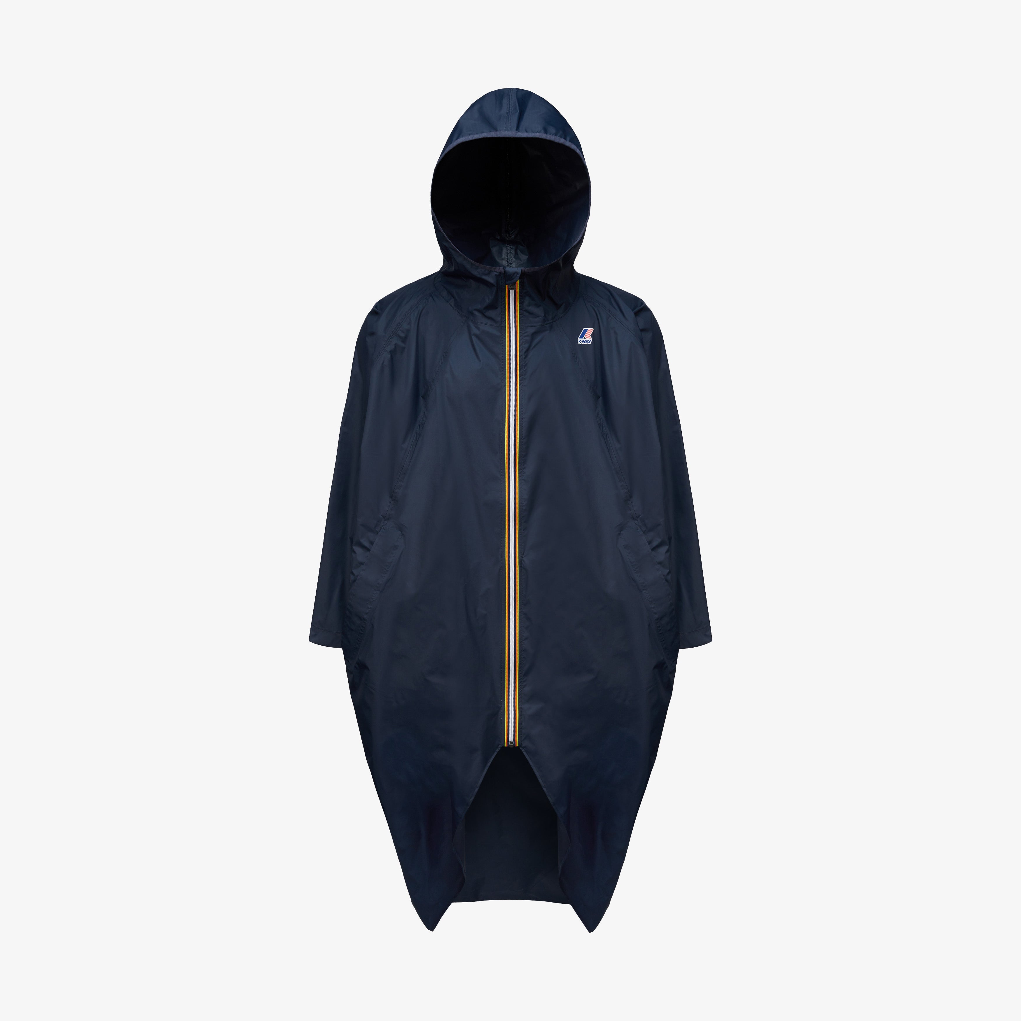 The K-Way Le Vrai 4.0 Rennes, Bleu Depth is a dark blue oversized waterproof poncho with a yellow front zipper and small chest logo, shown against a plain white background.