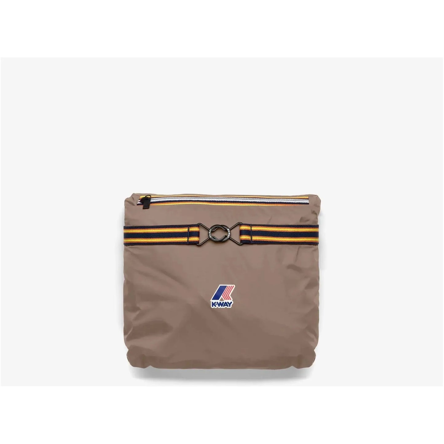 A Le Vrai 3.0 Rennes brown waterproof crossbody bag with a blue and yellow stripe, featuring a circular metal buckle and a logo on the bottom right.