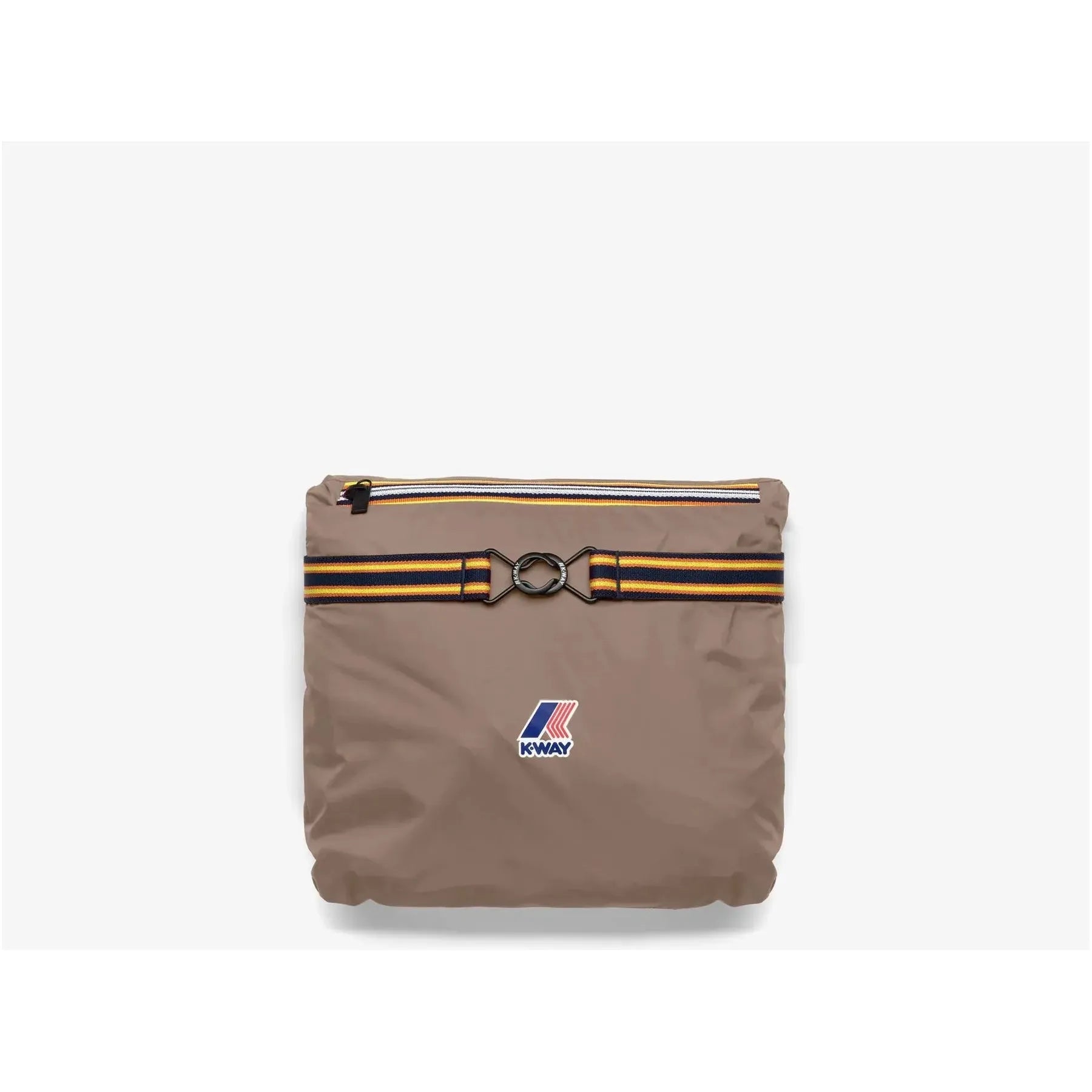 A Le Vrai 3.0 Rennes brown waterproof crossbody bag with a blue and yellow stripe, featuring a circular metal buckle and a logo on the bottom right.