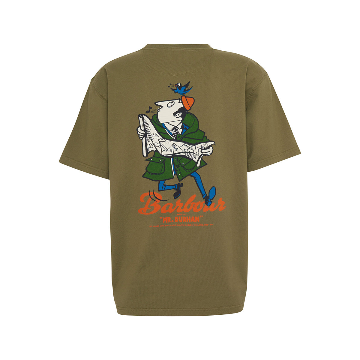 The Regence Graphic T-Shirt by Barbour features an archive-inspired cartoon dog in a coat, holding a map with a bird on its head. "Barbour Mr. Dunbar" is printed below, capturing the Barbour Regence style in an oversized, green format.