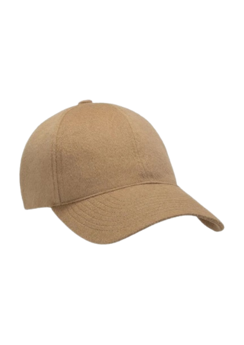 The Camel Hair Wool Soft Front Cap in Camel by Varsity Headwear FW23, featuring a polished brown design with a curved brim, is elegantly displayed on a pristine white background.