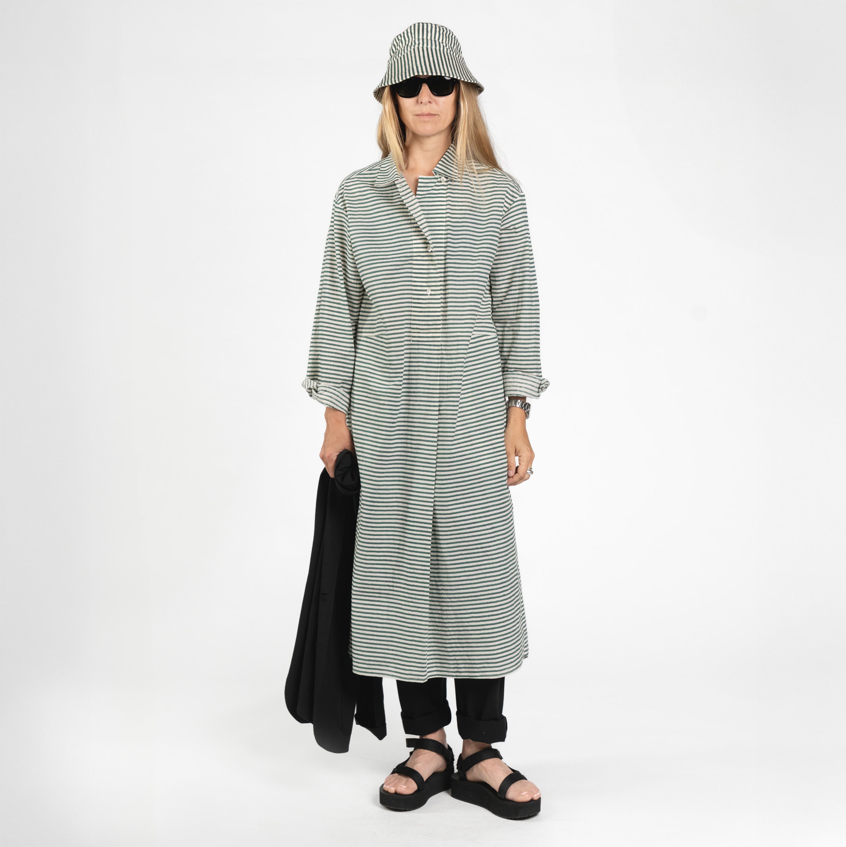 Paloma Dress, Block Print Green Stripe