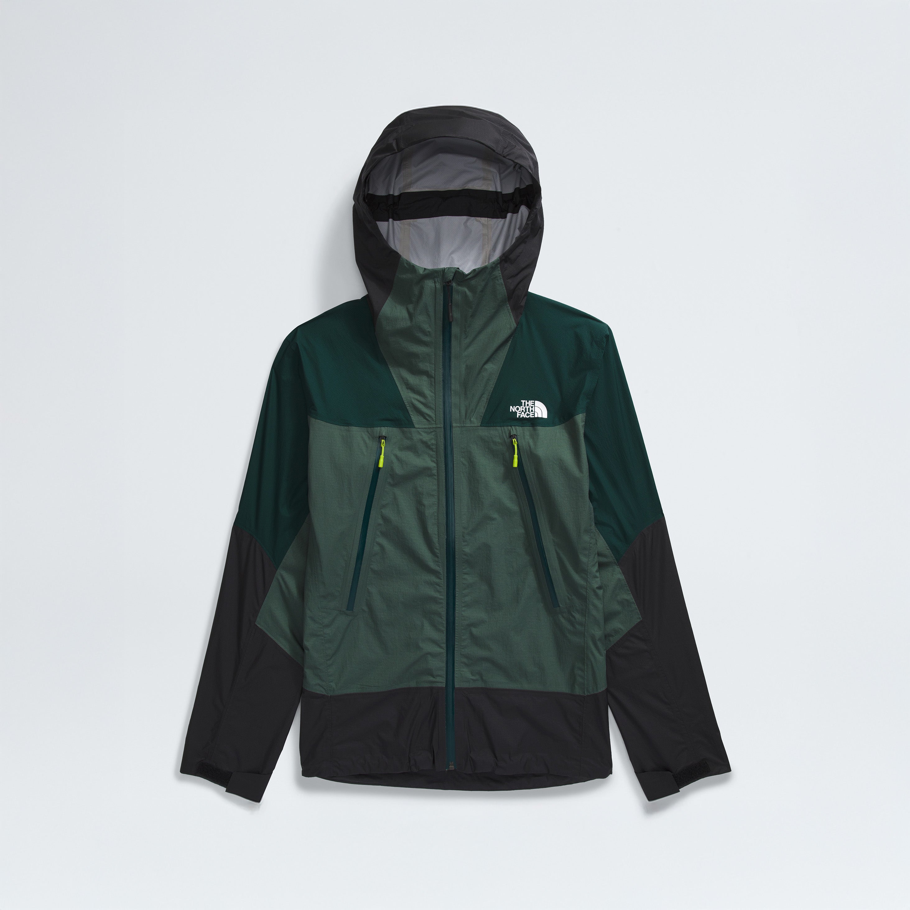 A green and black M Signal 2.5L DryVent jacket by The North Face, featuring a hood and zippered pockets, displayed against a plain background.
