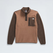 The North Face M Yumiori 1/4 Zip is a brown and dark brown pullover crafted from recycled fleece, featuring a zippered collar, chest pocket, and a logo on the left chest.
