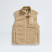 The North Face's W Yumiori Vest, made from high-pile beige fleece, includes a high collar, zipper closure, two front zip pockets, a logo chest pocket on the left side, and an adjustable hem for a tailored fit.