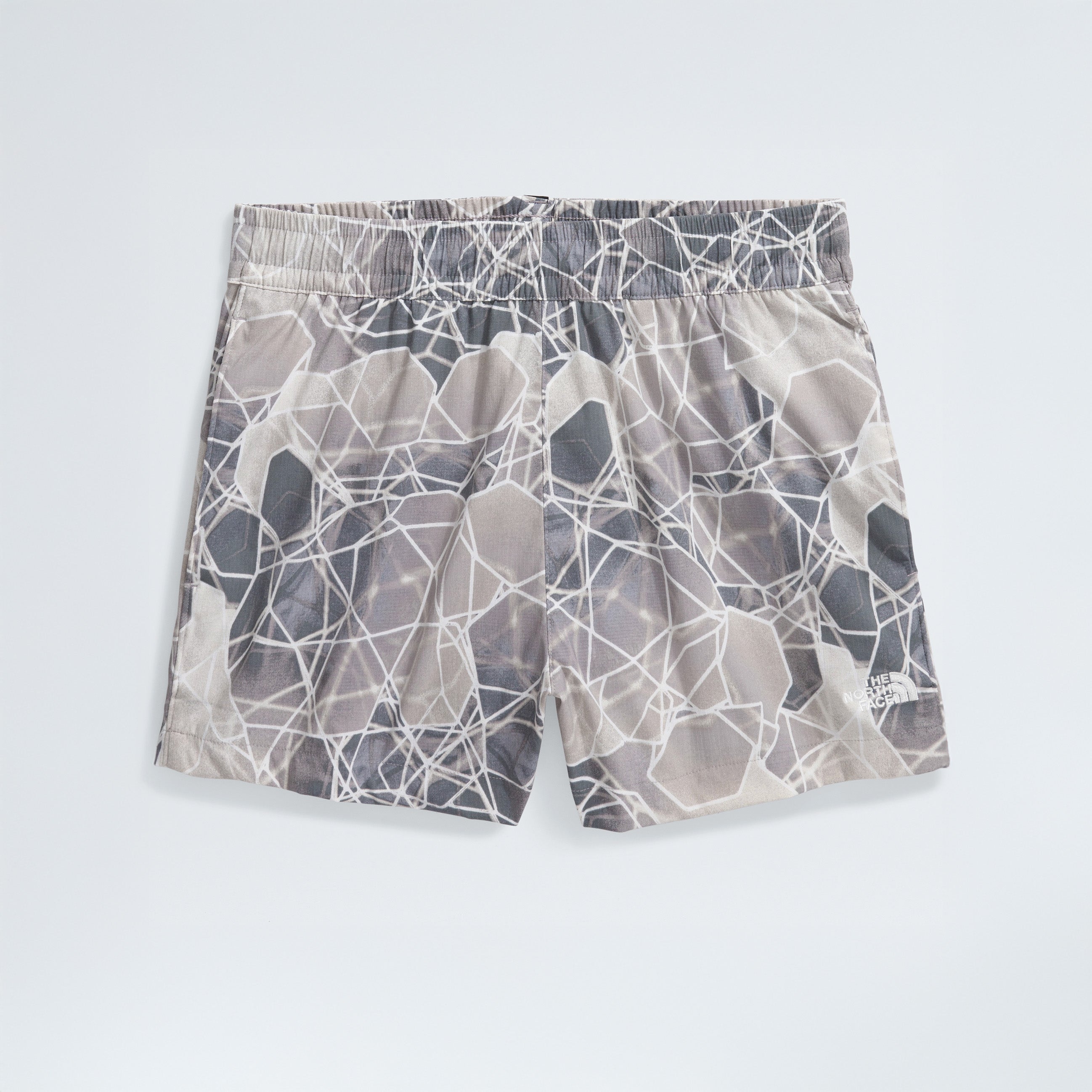 The North Face's W Class V Pathfinder Pull-On Shorts feature a water-repellent, geometric-patterned gray design, perfect for any adventurous outing. Displayed on a plain background.