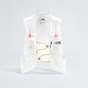 The North Face's U Summit Run Vest 5 is perfect for race day, featuring two front pockets with red-capped bottles and iconic branding. Yellow drawstrings offer a snug fit, catering to racing enthusiasts looking for high-performance gear.