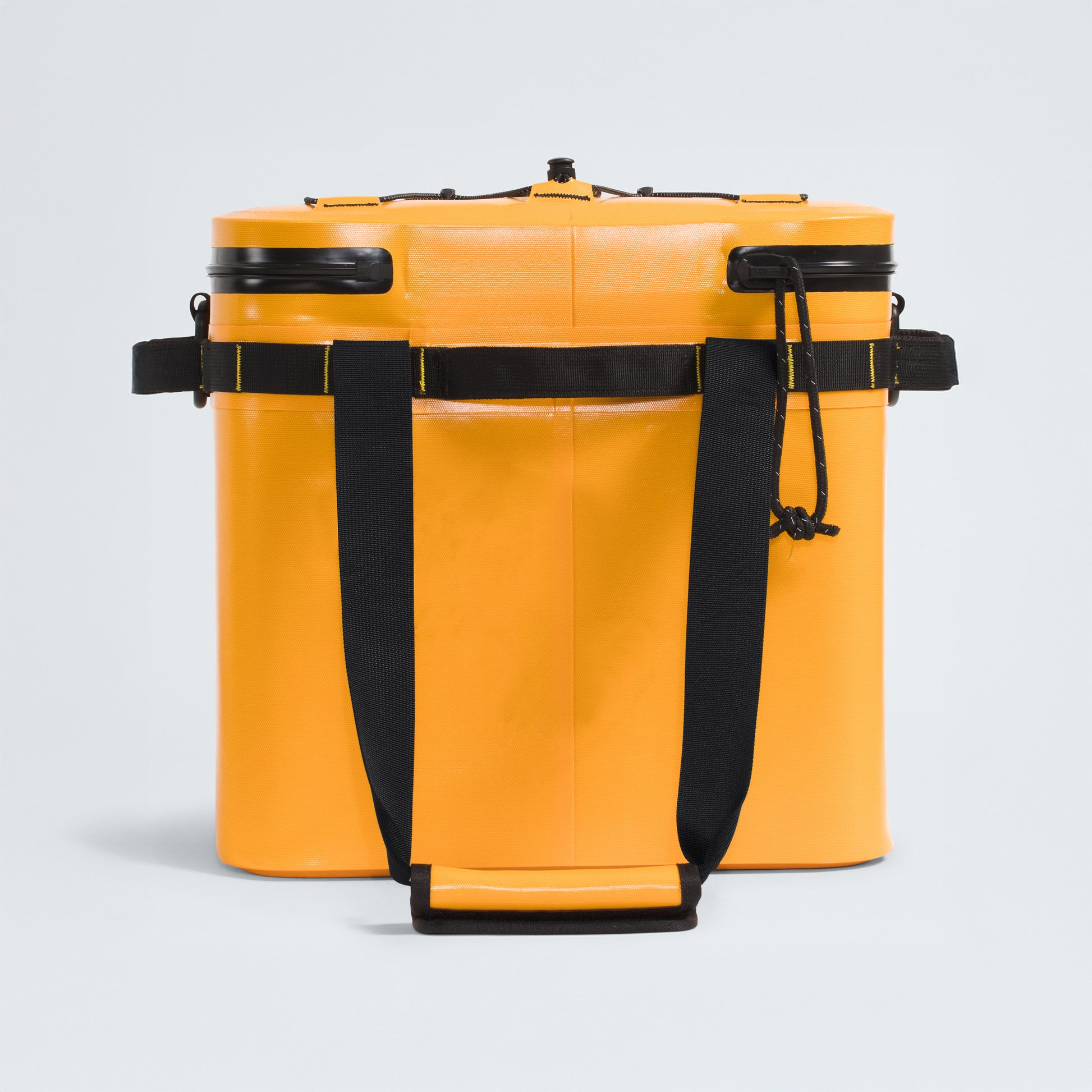 The North Face Base Camp Cooler 15 Qt, a bright yellow hard-shell backpack cooler with black straps and handles, is displayed against a plain background.