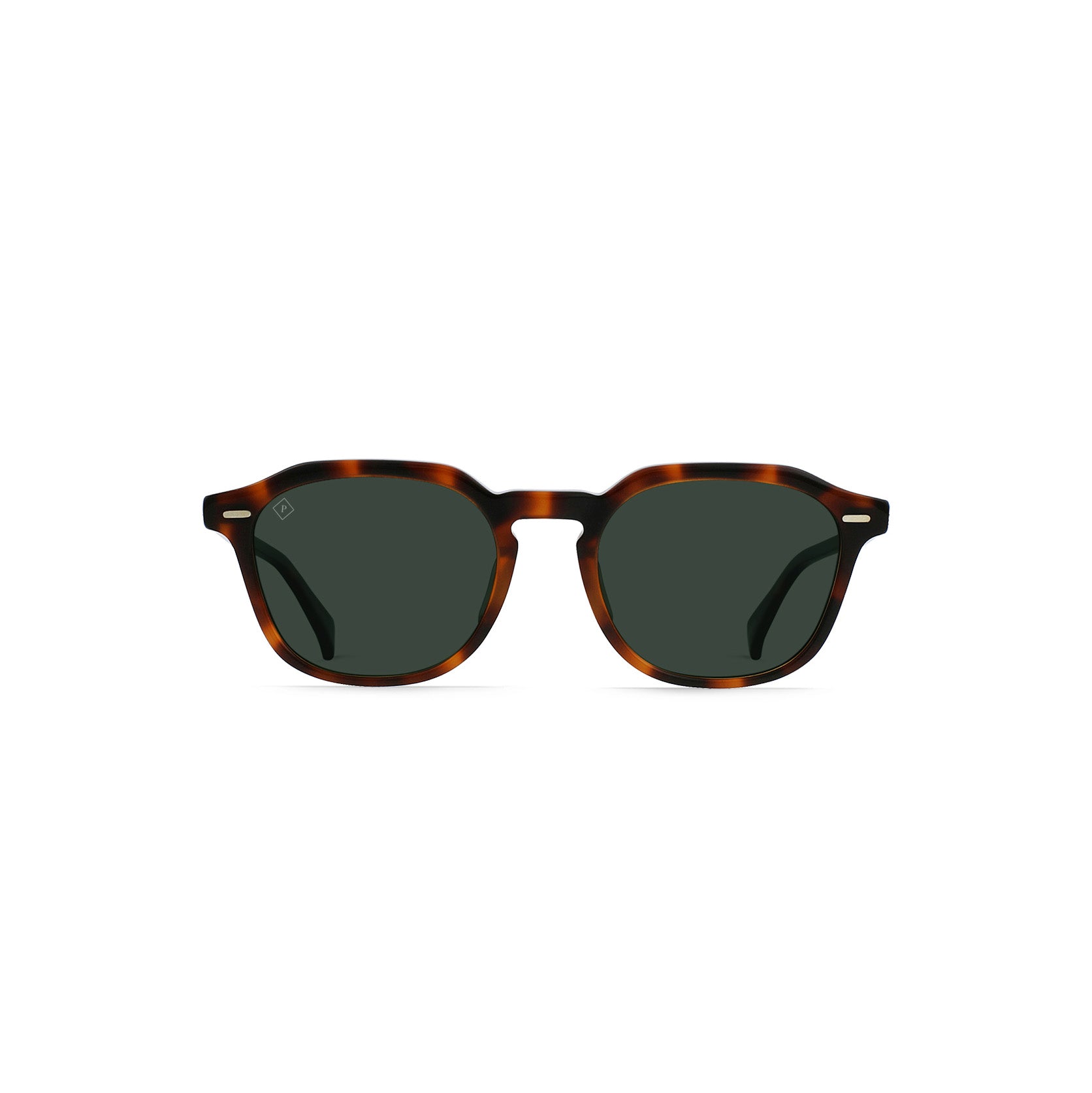 The Raen Optics Clyve sunglasses in Espresso Tortoise feature green polarized lenses, shown from the front against a white background.