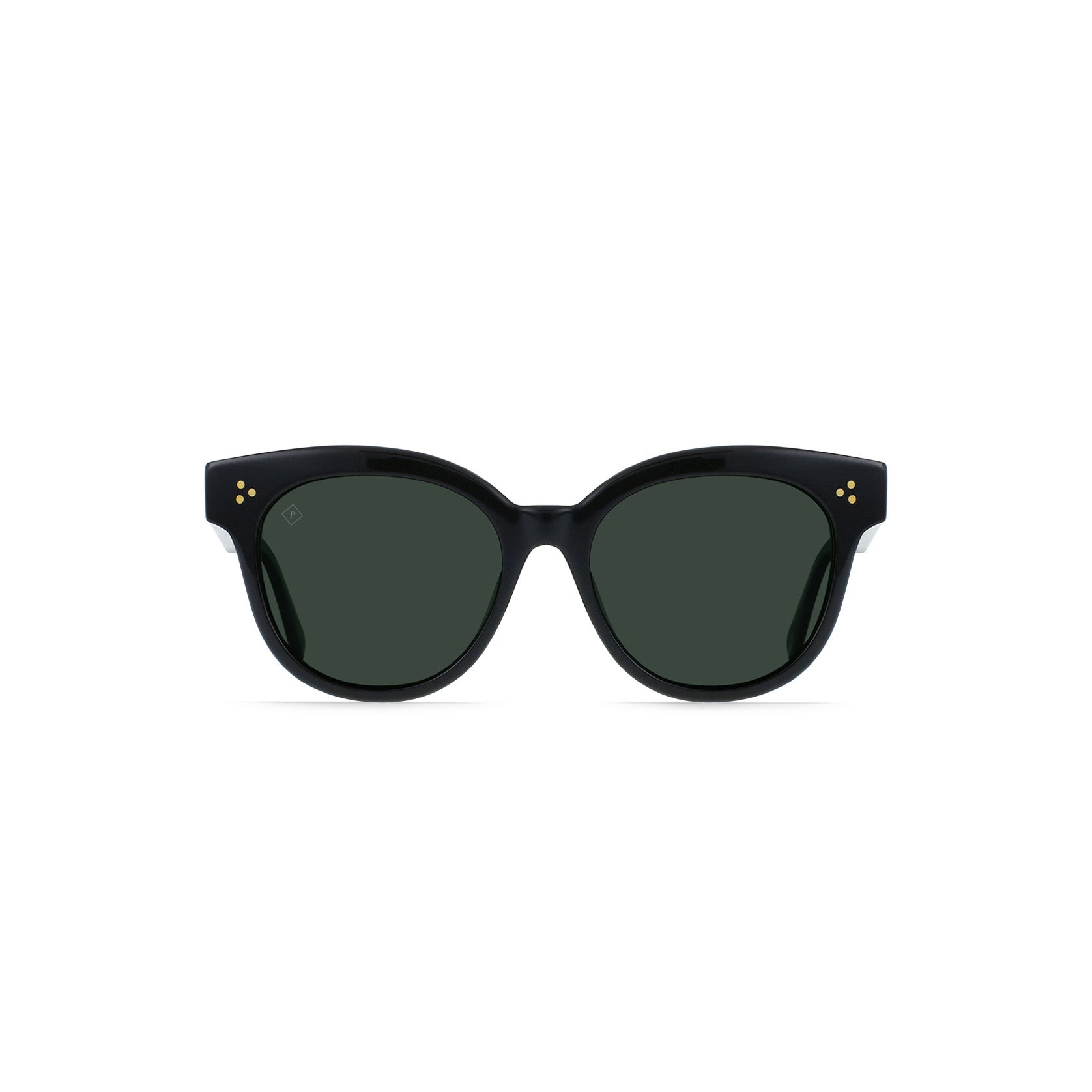 Raen Optics Nikol sunglasses in recycled black feature green polarized lenses and three small gold dots on each upper outer corner, shown on a white background.